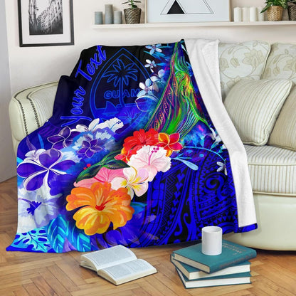 Guam Custom Personalised Premium Blanket- Humpback Whale with Tropical Flowers (Blue)-Myprintsy