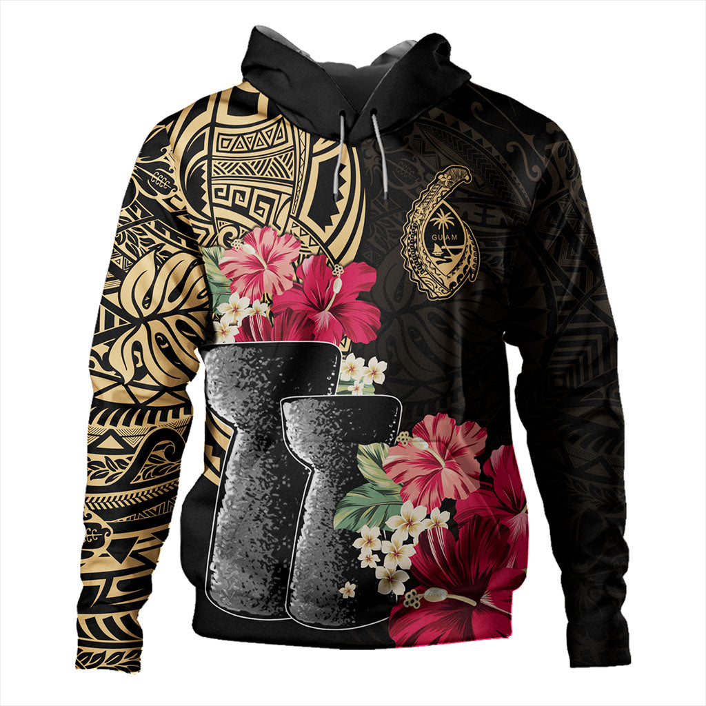 Guam Hoodie Black Latte Stone With Hibiscus Flower Tribal-Myprintsy
