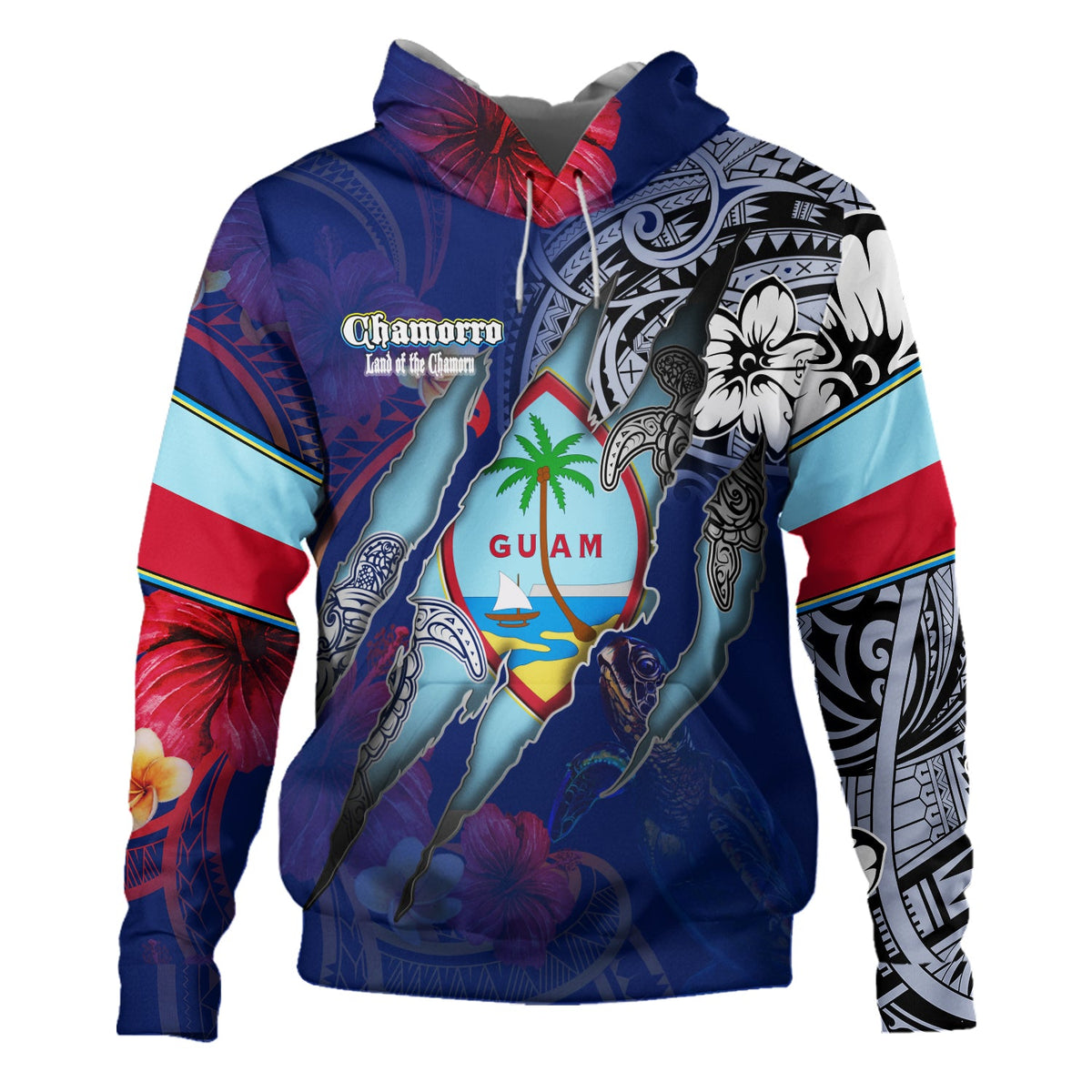 Guam Hoodie Custom Chamorro Blood Inside Me Polynesian Sleeve Tattoo Tropical Blue-Myprintsy
