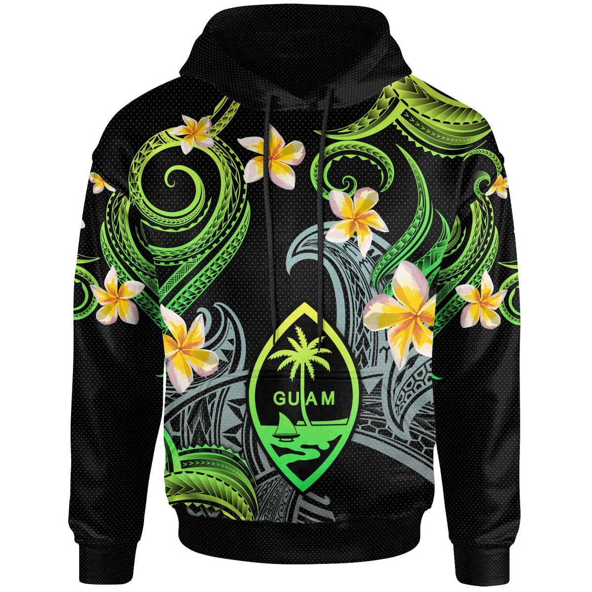 Guam Hoodie - Custom Personalised Polynesian Waves with Plumeria Flowers (Green)-Myprintsy
