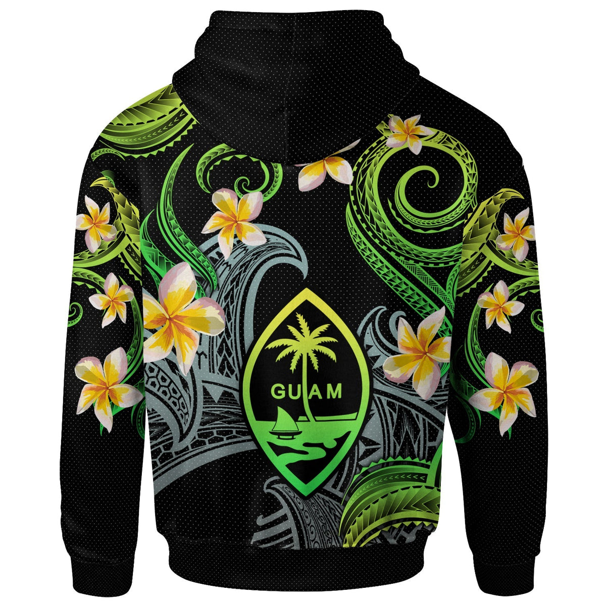 Guam Hoodie - Custom Personalised Polynesian Waves with Plumeria Flowers (Green)-Myprintsy