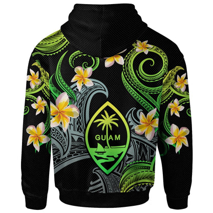 Guam Hoodie - Custom Personalised Polynesian Waves with Plumeria Flowers (Green)-Myprintsy
