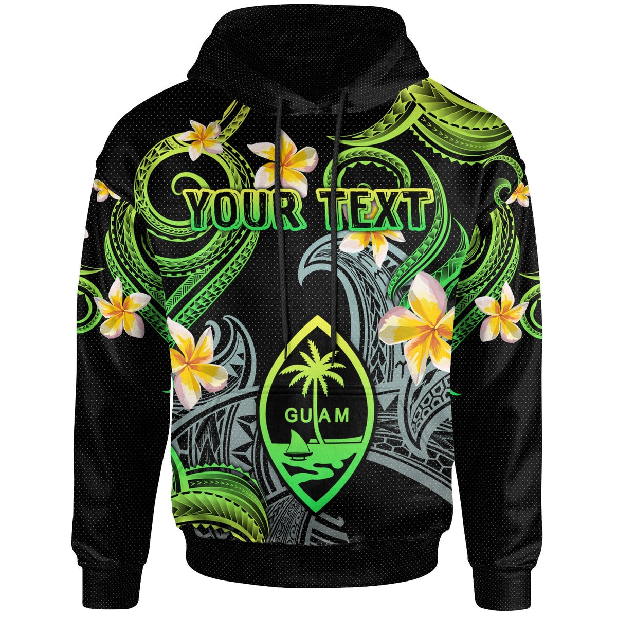 Guam Hoodie - Custom Personalised Polynesian Waves with Plumeria Flowers (Green)-Myprintsy