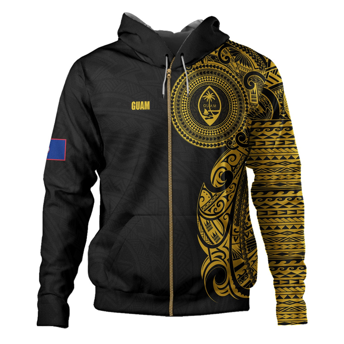 Guam Hoodie Custom Polynesian Half Sleeve Gold Tattoo With Seal Black-Myprintsy