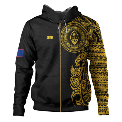 Guam Hoodie Custom Polynesian Half Sleeve Gold Tattoo With Seal Black-Myprintsy