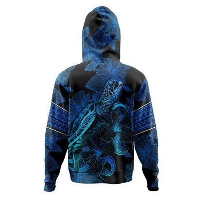 Guam Hoodie Sea Turtle With Blooming Hibiscus Flowers Tribal Blue-Myprintsy