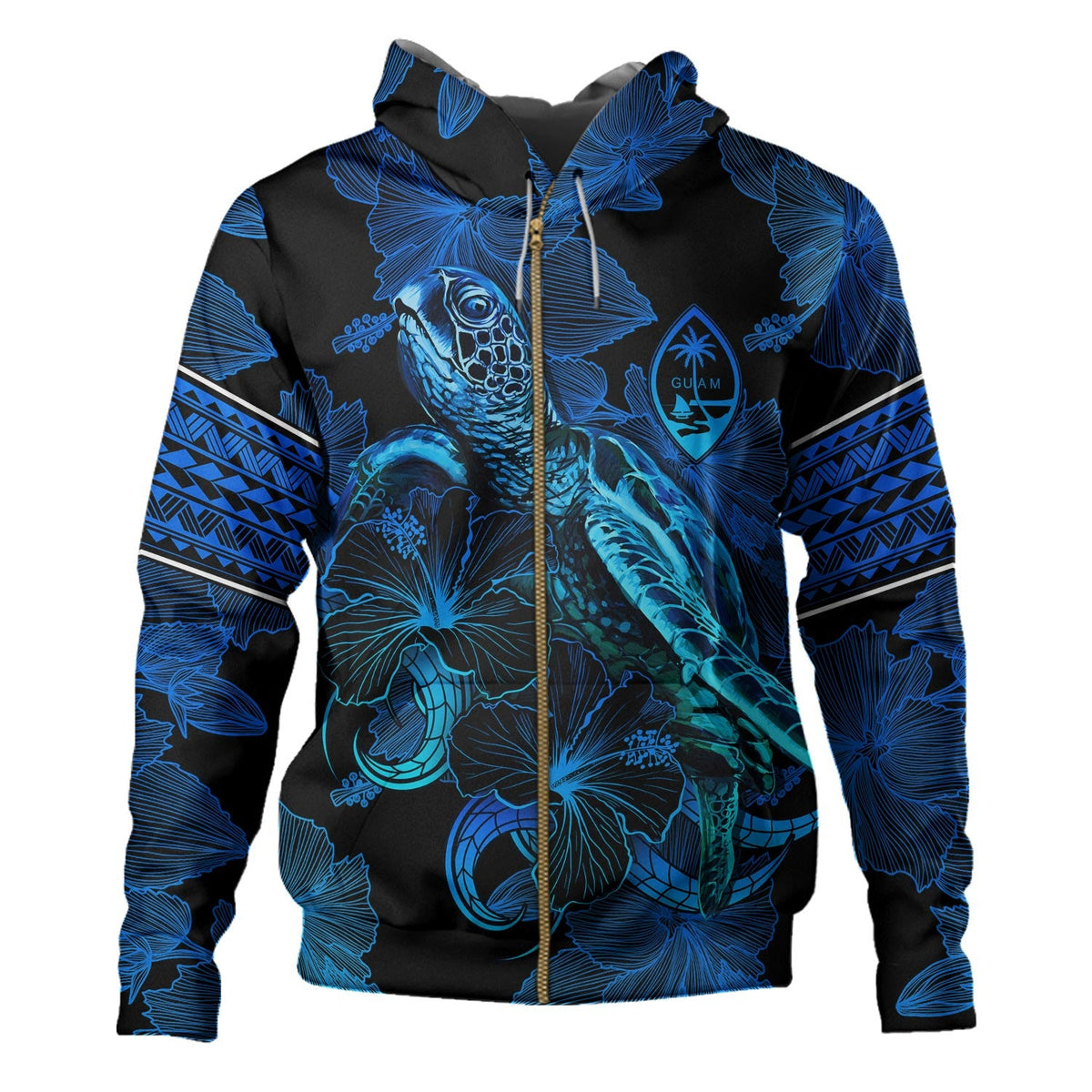 Guam Hoodie Sea Turtle With Blooming Hibiscus Flowers Tribal Blue-Myprintsy