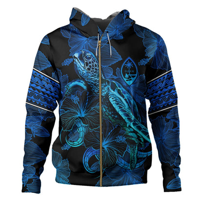 Guam Hoodie Sea Turtle With Blooming Hibiscus Flowers Tribal Blue-Myprintsy