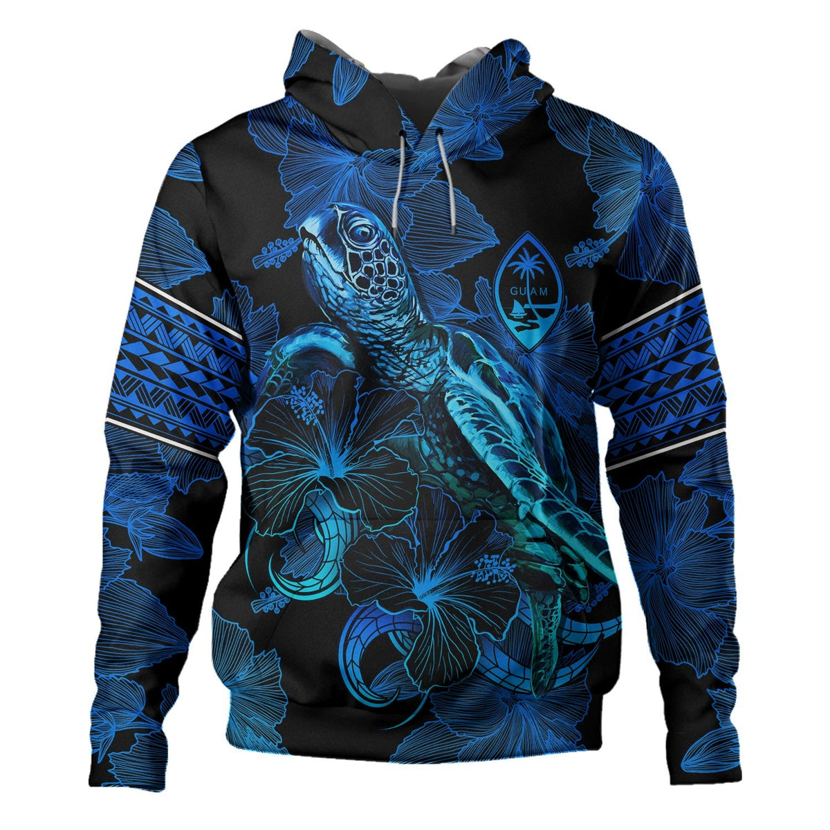 Guam Hoodie Sea Turtle With Blooming Hibiscus Flowers Tribal Blue-Myprintsy
