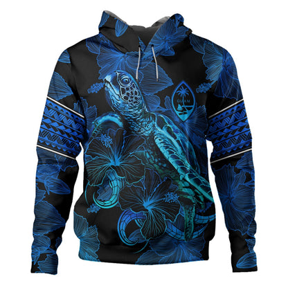 Guam Hoodie Sea Turtle With Blooming Hibiscus Flowers Tribal Blue-Myprintsy
