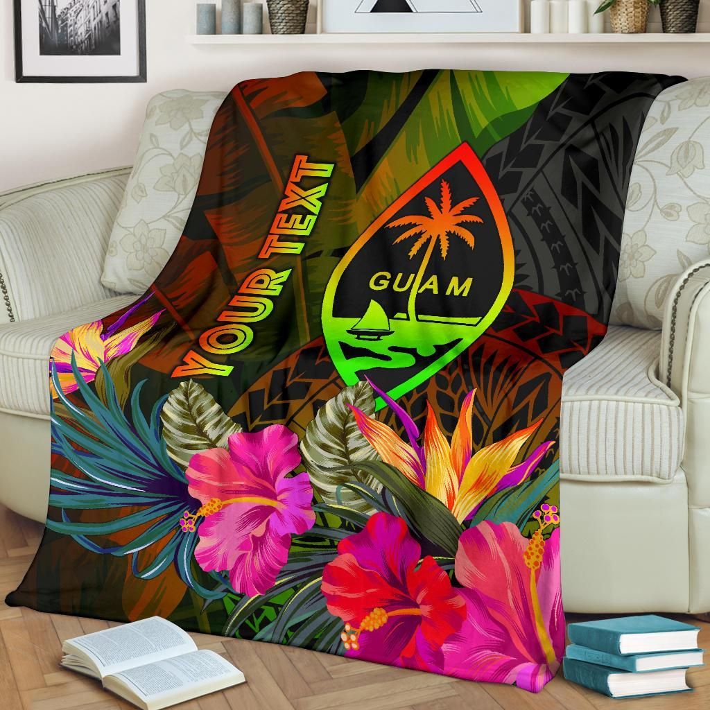Guam Polynesian Personalised Premium Blanket - Hibiscus and Banana Leaves-Myprintsy