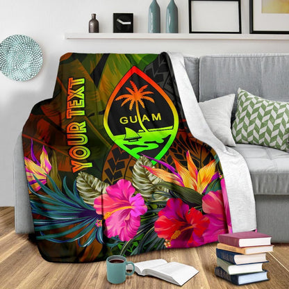Guam Polynesian Personalised Premium Blanket - Hibiscus and Banana Leaves-Myprintsy