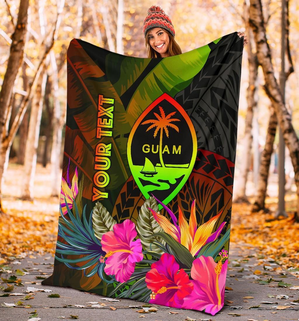 Guam Polynesian Personalised Premium Blanket - Hibiscus and Banana Leaves-Myprintsy