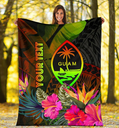 Guam Polynesian Personalised Premium Blanket - Hibiscus and Banana Leaves-Myprintsy