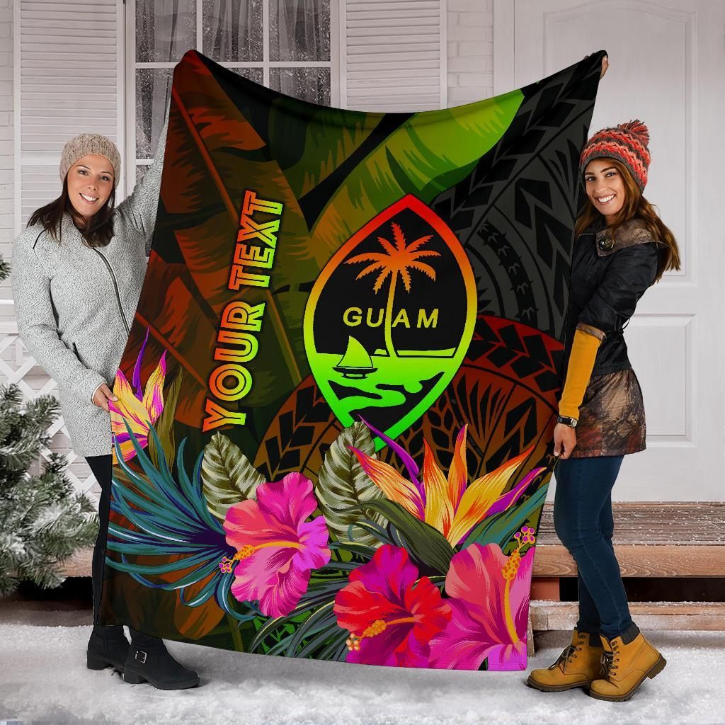 Guam Polynesian Personalised Premium Blanket - Hibiscus and Banana Leaves-Myprintsy