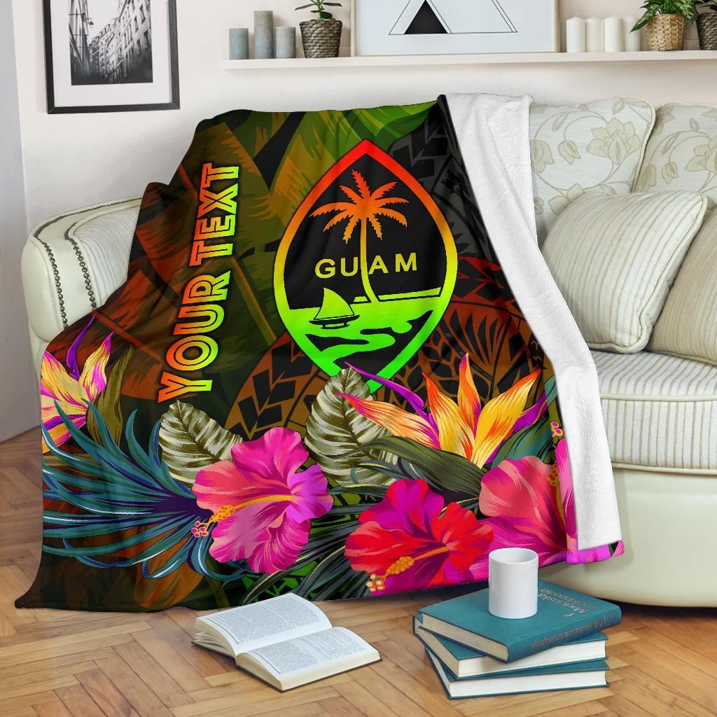 Guam Polynesian Personalised Premium Blanket - Hibiscus and Banana Leaves-Myprintsy