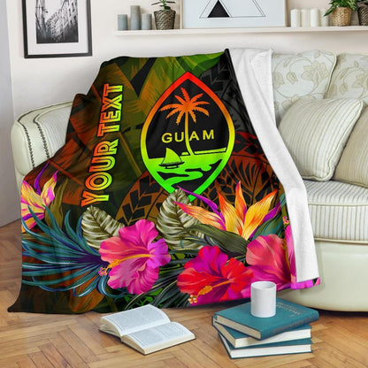 Guam Polynesian Personalised Premium Blanket - Hibiscus and Banana Leaves-Myprintsy