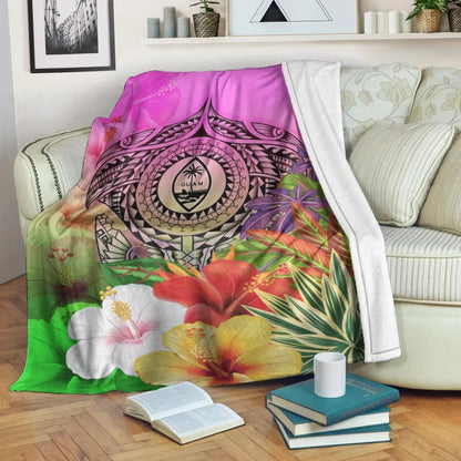 Guam Polynesian Premium Blanket - Manta Ray Tropical Flowers-Myprintsy