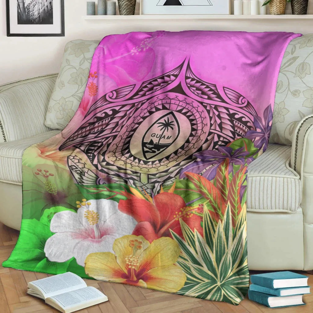 Guam Polynesian Premium Blanket - Manta Ray Tropical Flowers-Myprintsy