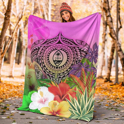Guam Polynesian Premium Blanket - Manta Ray Tropical Flowers-Myprintsy