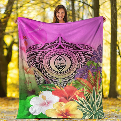 Guam Polynesian Premium Blanket - Manta Ray Tropical Flowers-Myprintsy