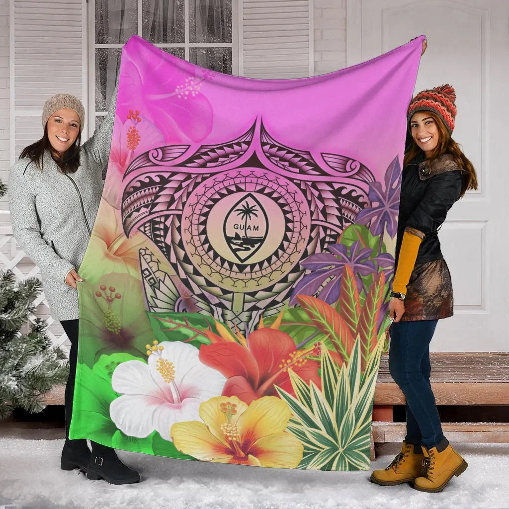 Guam Polynesian Premium Blanket - Manta Ray Tropical Flowers-Myprintsy