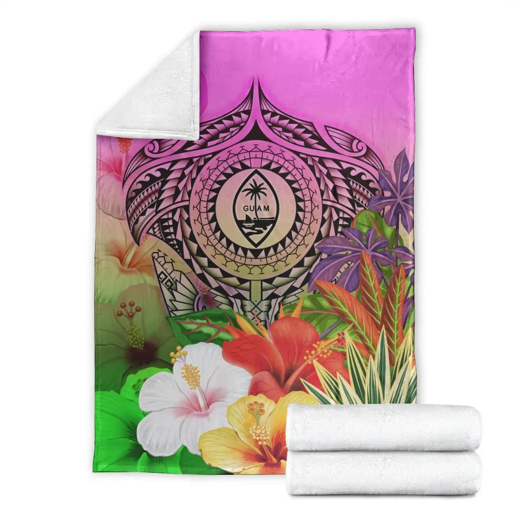 Guam Polynesian Premium Blanket - Manta Ray Tropical Flowers-Myprintsy