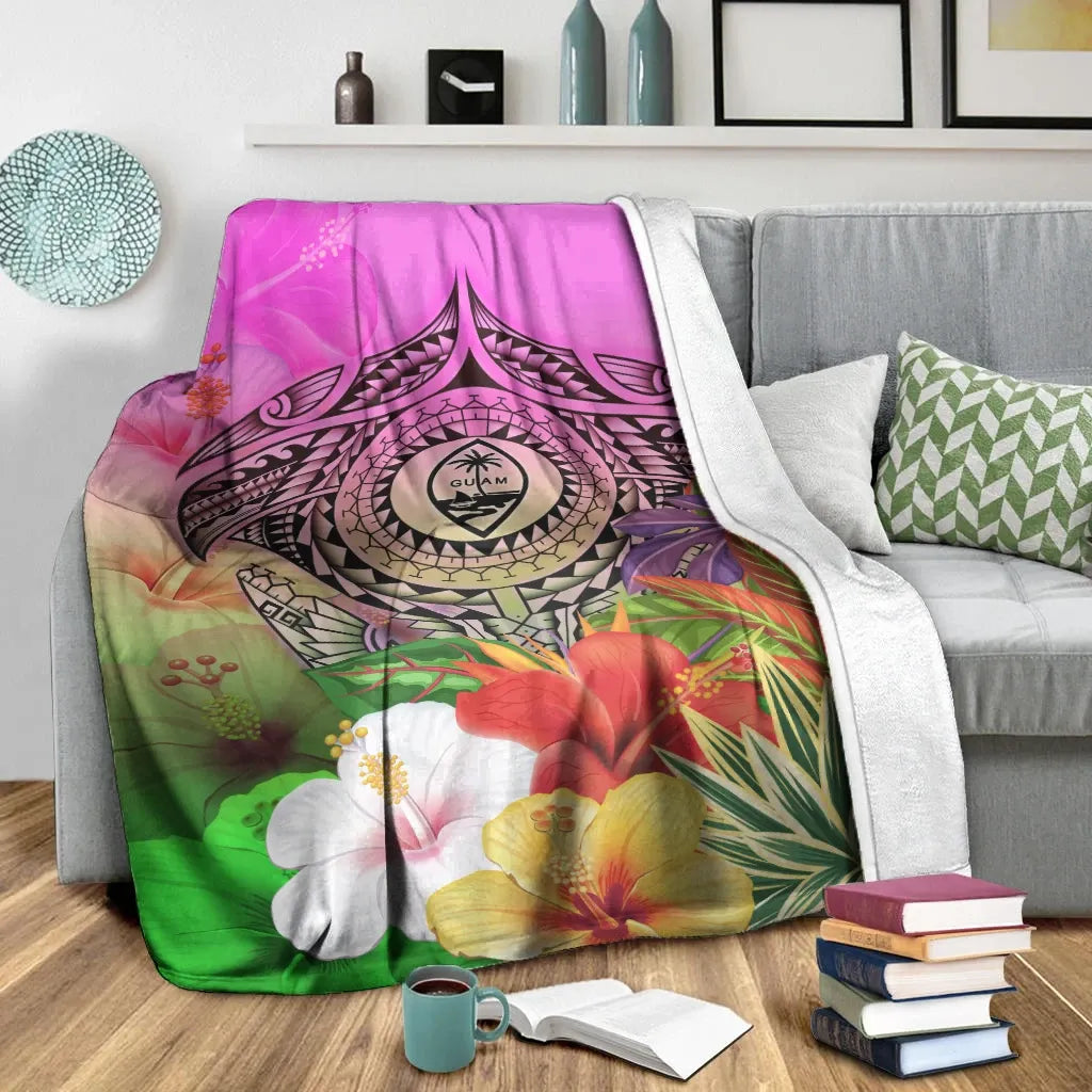 Guam Polynesian Premium Blanket - Manta Ray Tropical Flowers-Myprintsy