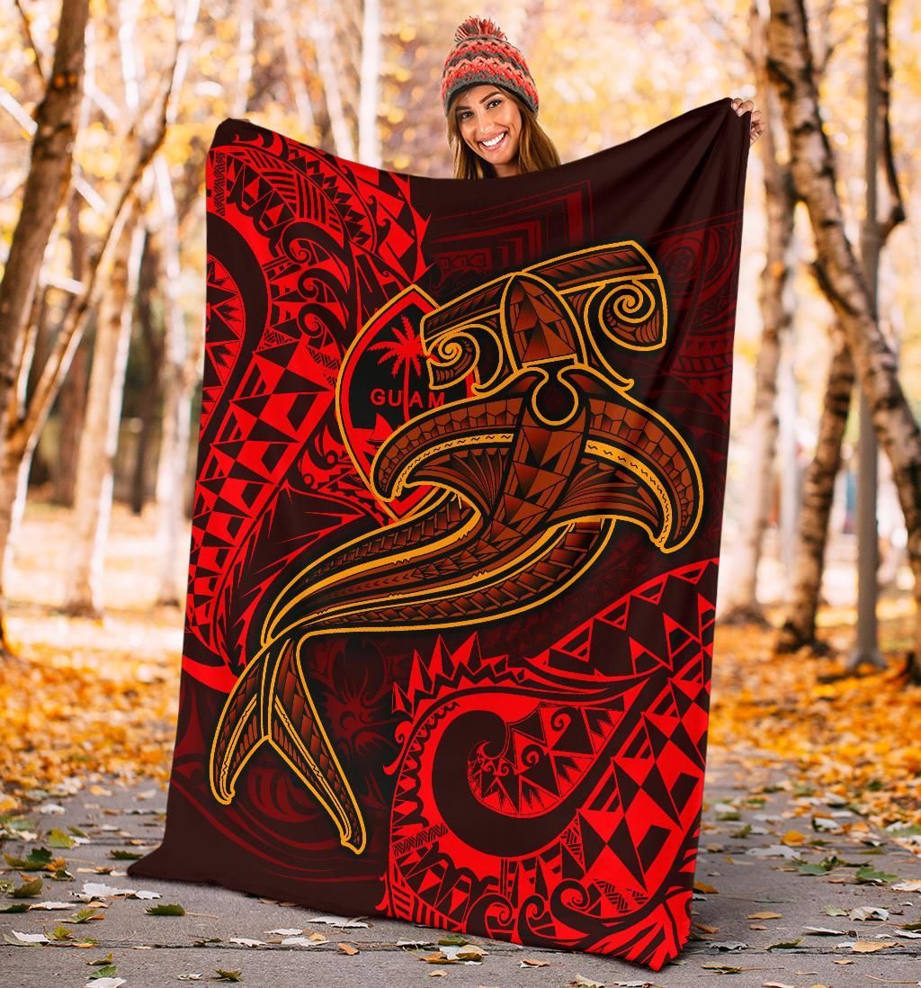 Guam Polynesian Premium Blanket - Red Shark Polynesian Tattoo-Myprintsy