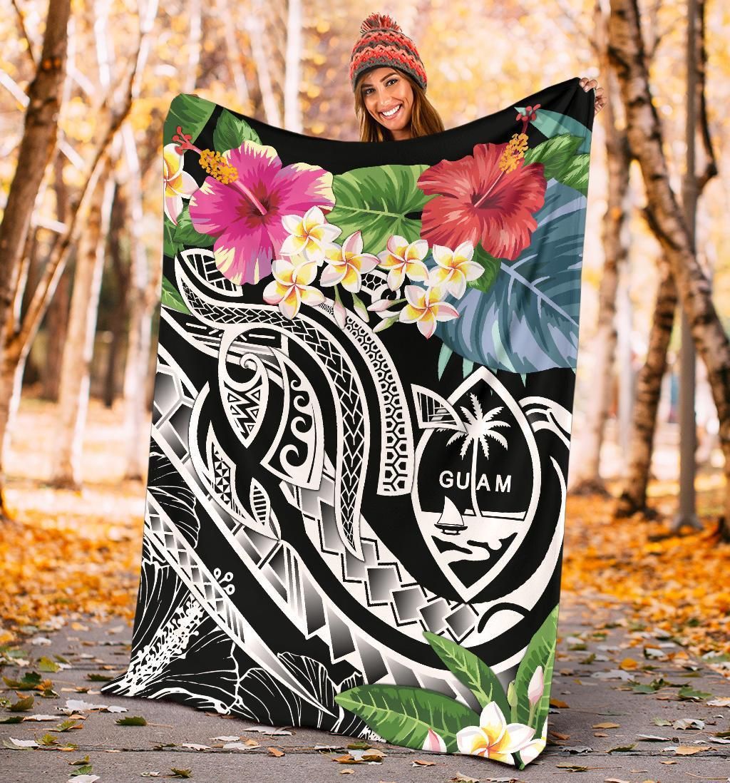Guam Polynesian Premium Blanket - Summer Plumeria (Black)-Myprintsy