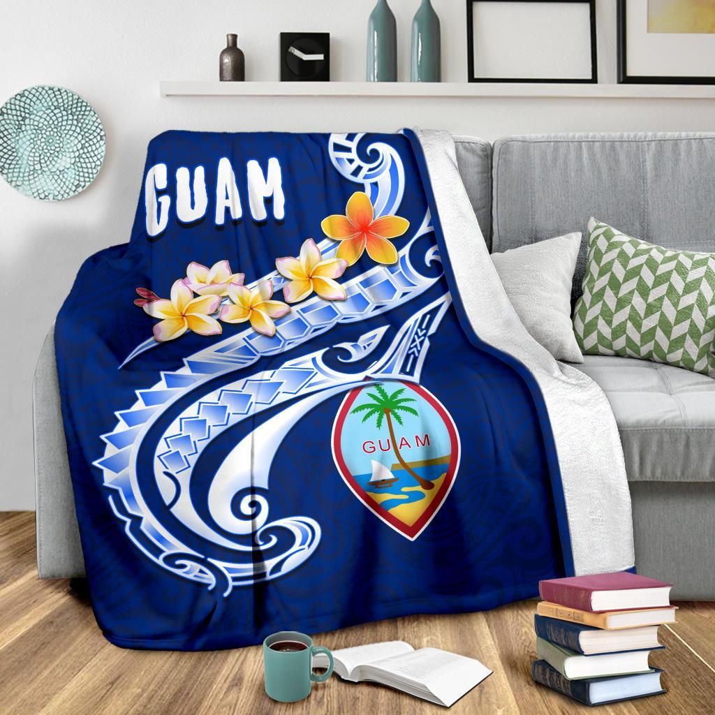 Guam Premium Blanket - Guam Seal Polynesian Patterns Plumeria (Blue)-Myprintsy