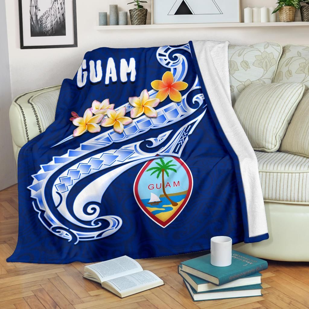 Guam Premium Blanket - Guam Seal Polynesian Patterns Plumeria (Blue)-Myprintsy