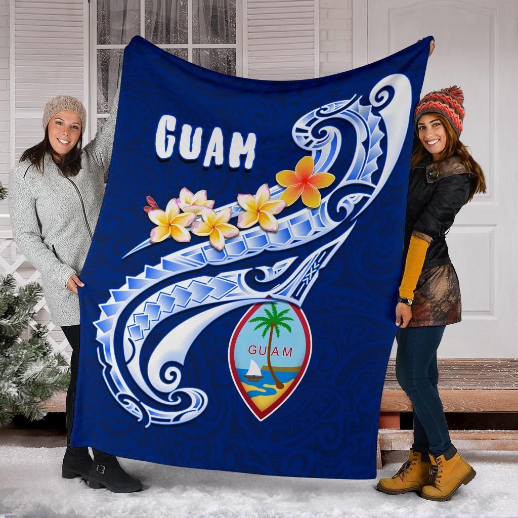 Guam Premium Blanket - Guam Seal Polynesian Patterns Plumeria (Blue)-Myprintsy