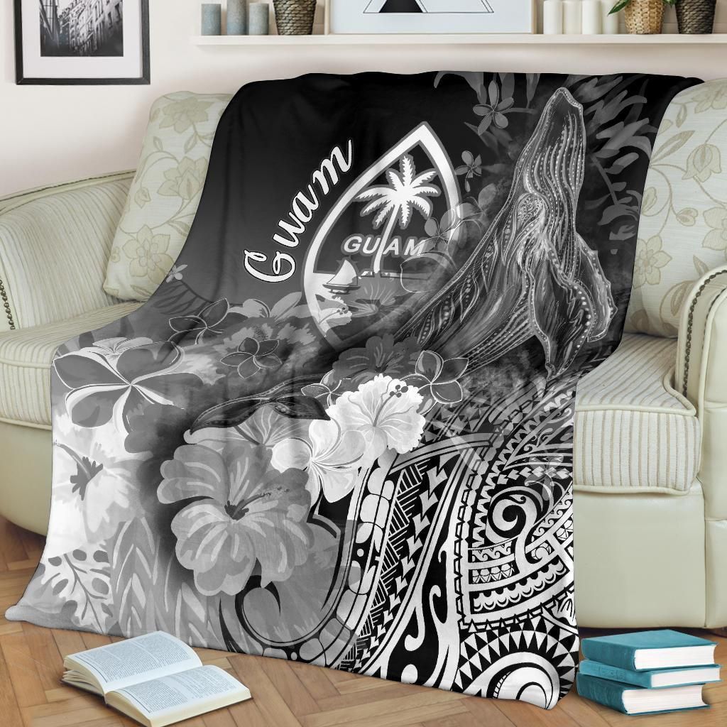 Guam Premium Blanket - Humpback Whale with Tropical Flowers (White)-Myprintsy