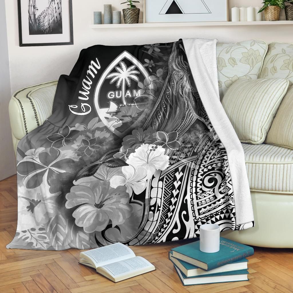 Guam Premium Blanket - Humpback Whale with Tropical Flowers (White)-Myprintsy
