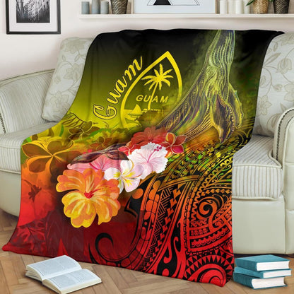 Guam Premium Blanket - Humpback Whale with Tropical Flowers (Yellow)-Myprintsy