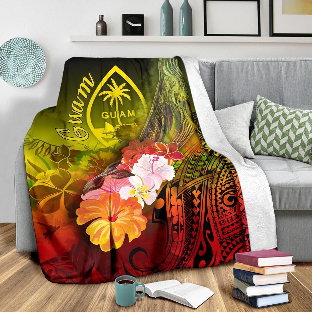 Guam Premium Blanket - Humpback Whale with Tropical Flowers (Yellow)-Myprintsy