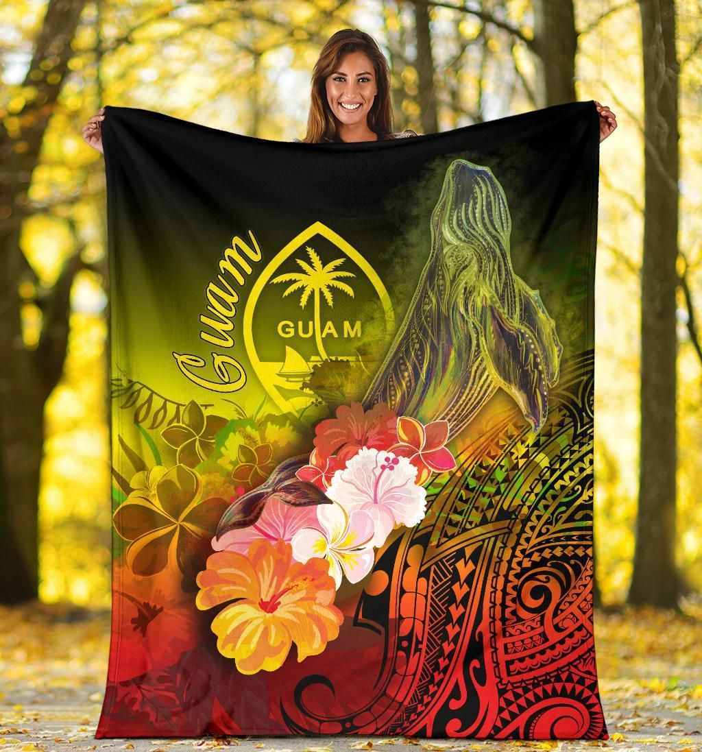 Guam Premium Blanket - Humpback Whale with Tropical Flowers (Yellow)-Myprintsy