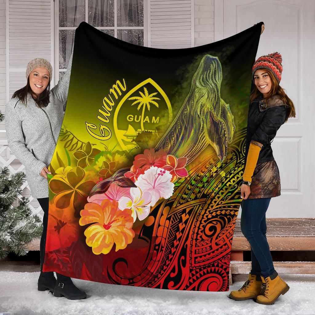 Guam Premium Blanket - Humpback Whale with Tropical Flowers (Yellow)-Myprintsy