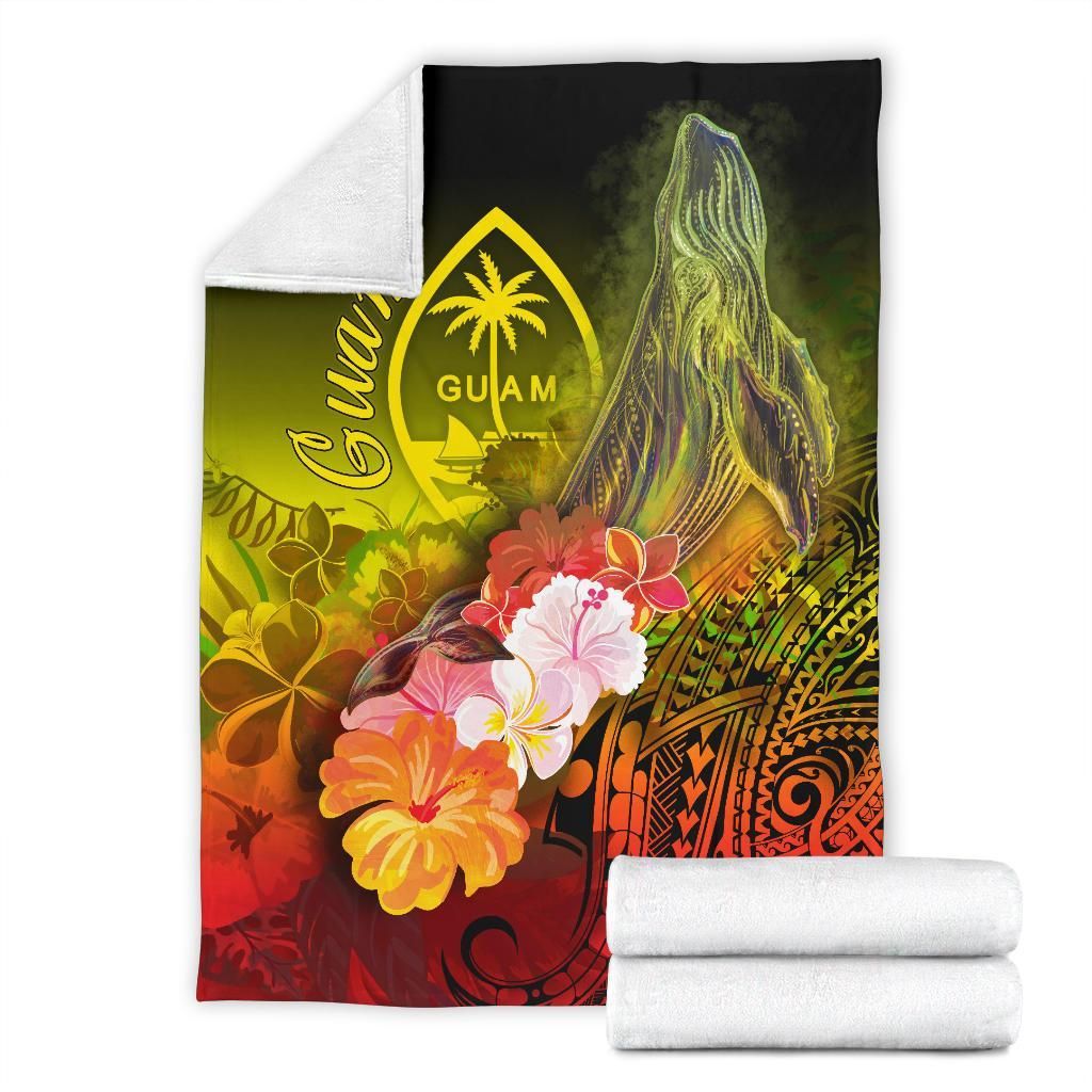 Guam Premium Blanket - Humpback Whale with Tropical Flowers (Yellow)-Myprintsy