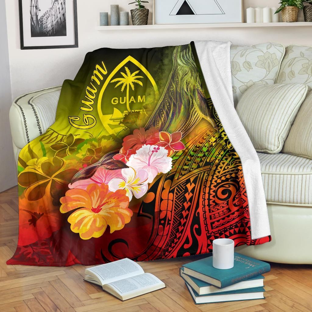 Guam Premium Blanket - Humpback Whale with Tropical Flowers (Yellow)-Myprintsy