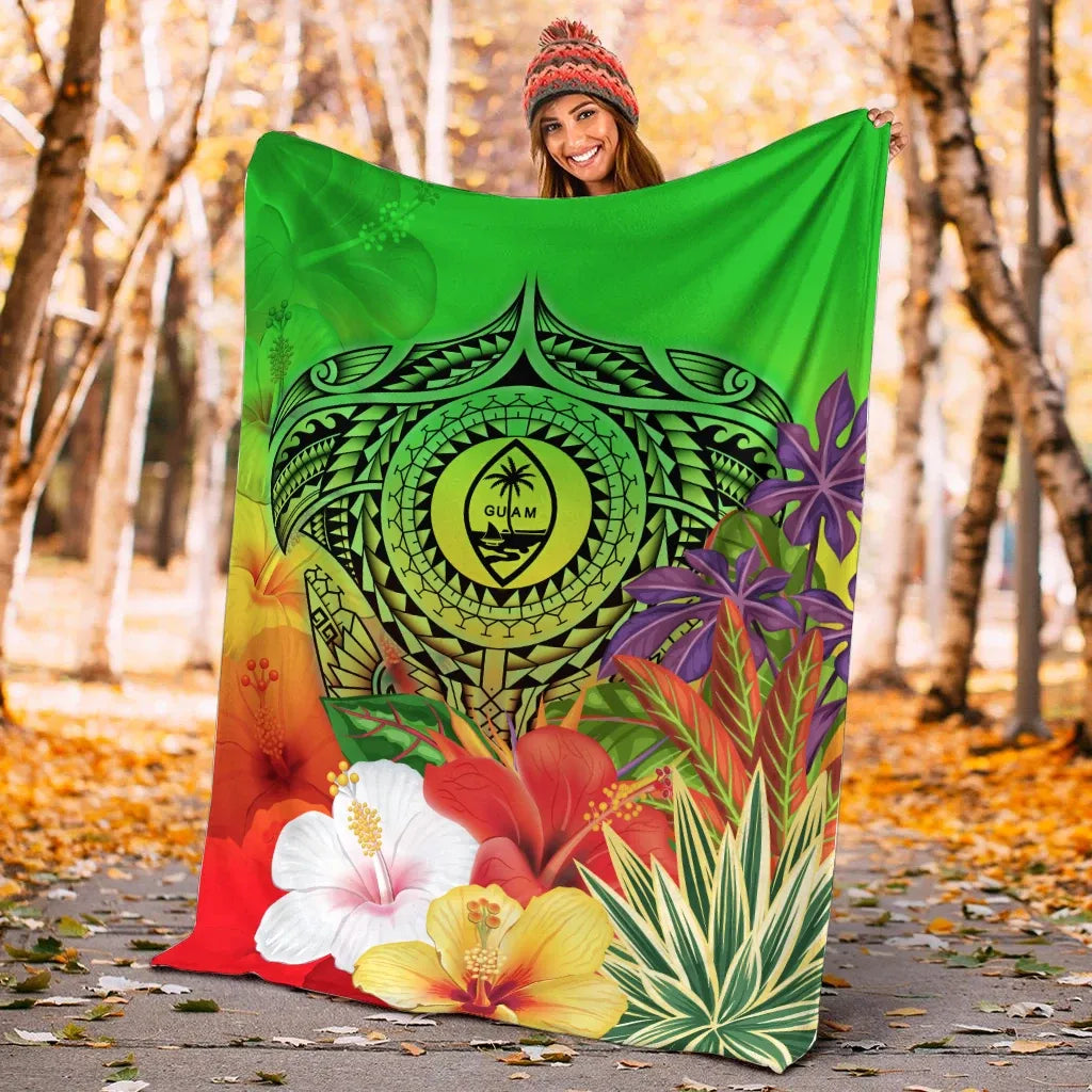 Guam Premium Blanket - Manta Ray Tropical Flowers (Green)-Myprintsy