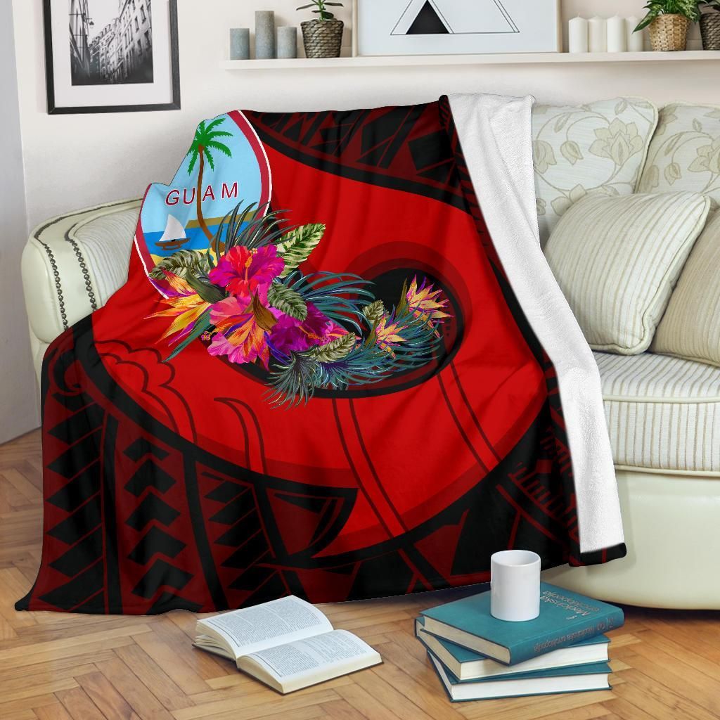 Guam Premium Blanket - Polynesian Hook And Hibiscus (Red)-Myprintsy