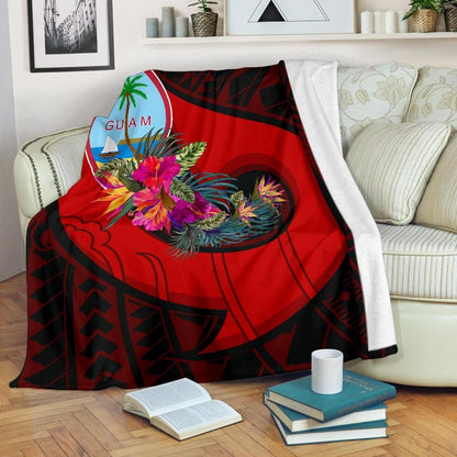 Guam Premium Blanket - Polynesian Hook And Hibiscus (Red)-Myprintsy