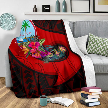 Guam Premium Blanket - Polynesian Hook And Hibiscus (Red)-Myprintsy