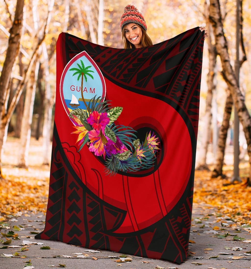 Guam Premium Blanket - Polynesian Hook And Hibiscus (Red)-Myprintsy