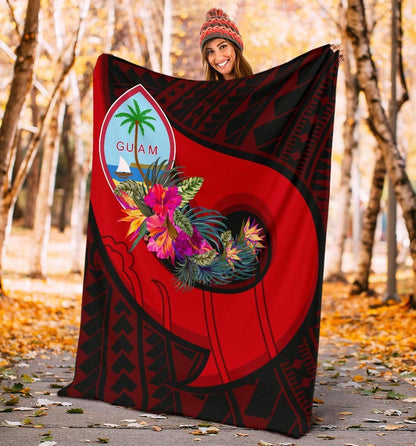 Guam Premium Blanket - Polynesian Hook And Hibiscus (Red)-Myprintsy