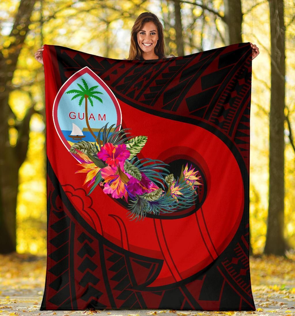 Guam Premium Blanket - Polynesian Hook And Hibiscus (Red)-Myprintsy