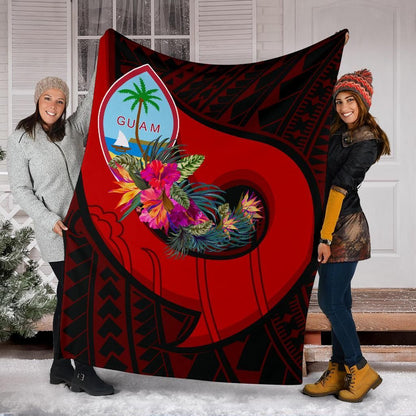 Guam Premium Blanket - Polynesian Hook And Hibiscus (Red)-Myprintsy