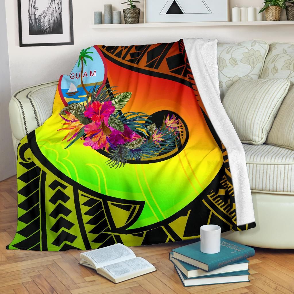Guam Premium Blanket - Polynesian Hook And Hibiscus (Reggae)-Myprintsy
